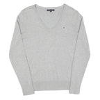 TOMMY HILFIGER Womens Grey Plain Jumper V-Neck Basic Knit M Classic Cotton Blend