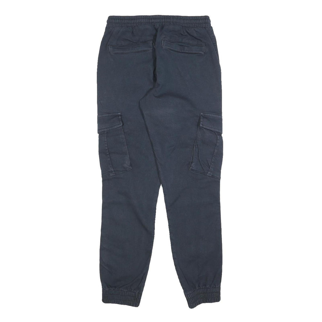 Mens Cotton Blend Navy Blue Slim Cargo Trousers W26 L30 Drawstring Casual