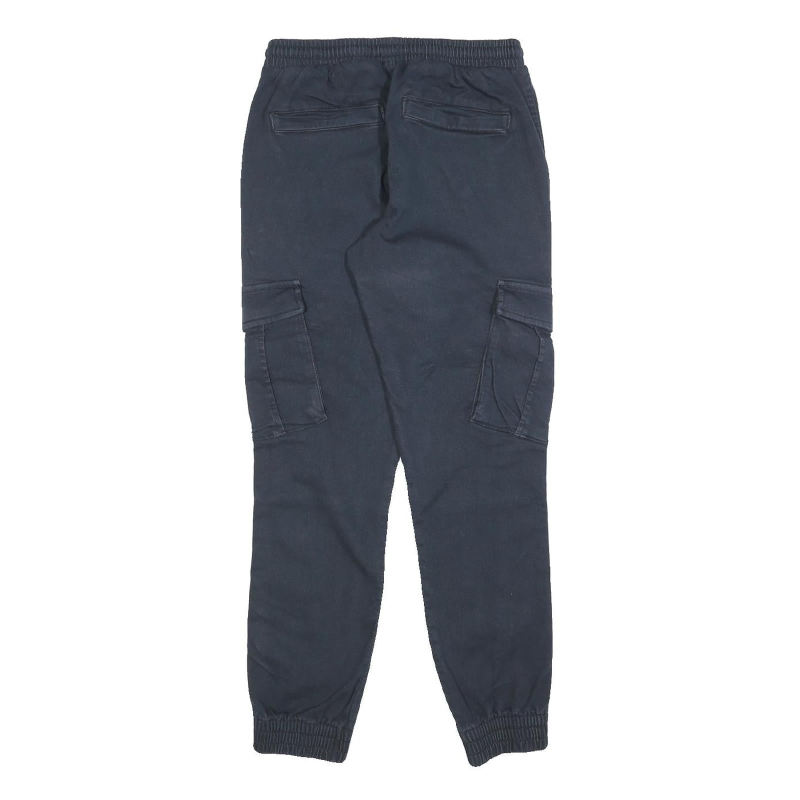 Mens Cotton Blend Navy Blue Slim Cargo Trousers W26 L30 Drawstring Casual