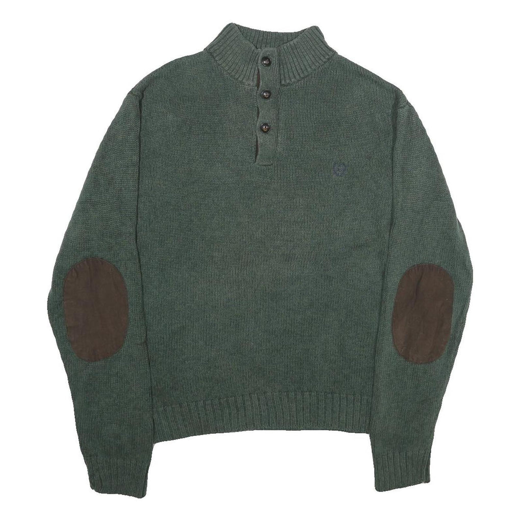 CHAPS Mens Green Jumper Cotton Pullover Button Neck Rib Knit L Elbow Patch