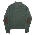 CHAPS Mens Green Jumper Cotton Pullover Button Neck Rib Knit L Elbow Patch