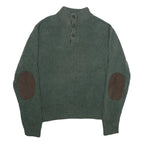 CHAPS Mens Green Jumper Cotton Pullover Button Neck Rib Knit L Elbow Patch