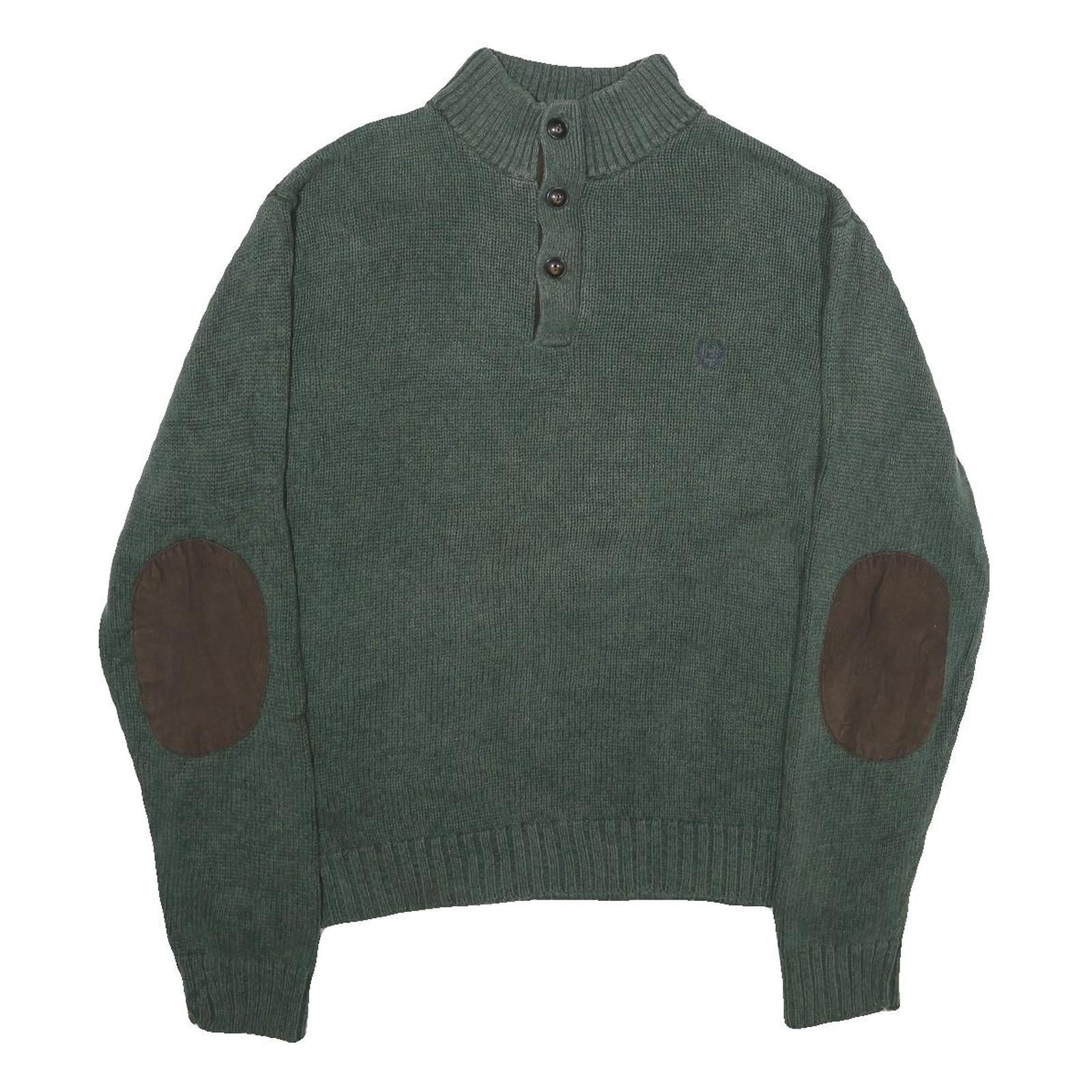 CHAPS Mens Green Jumper Cotton Pullover Button Neck Rib Knit L Elbow Patch