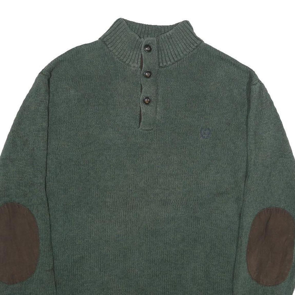 CHAPS Mens Green Jumper Cotton Pullover Button Neck Rib Knit L Elbow Patch