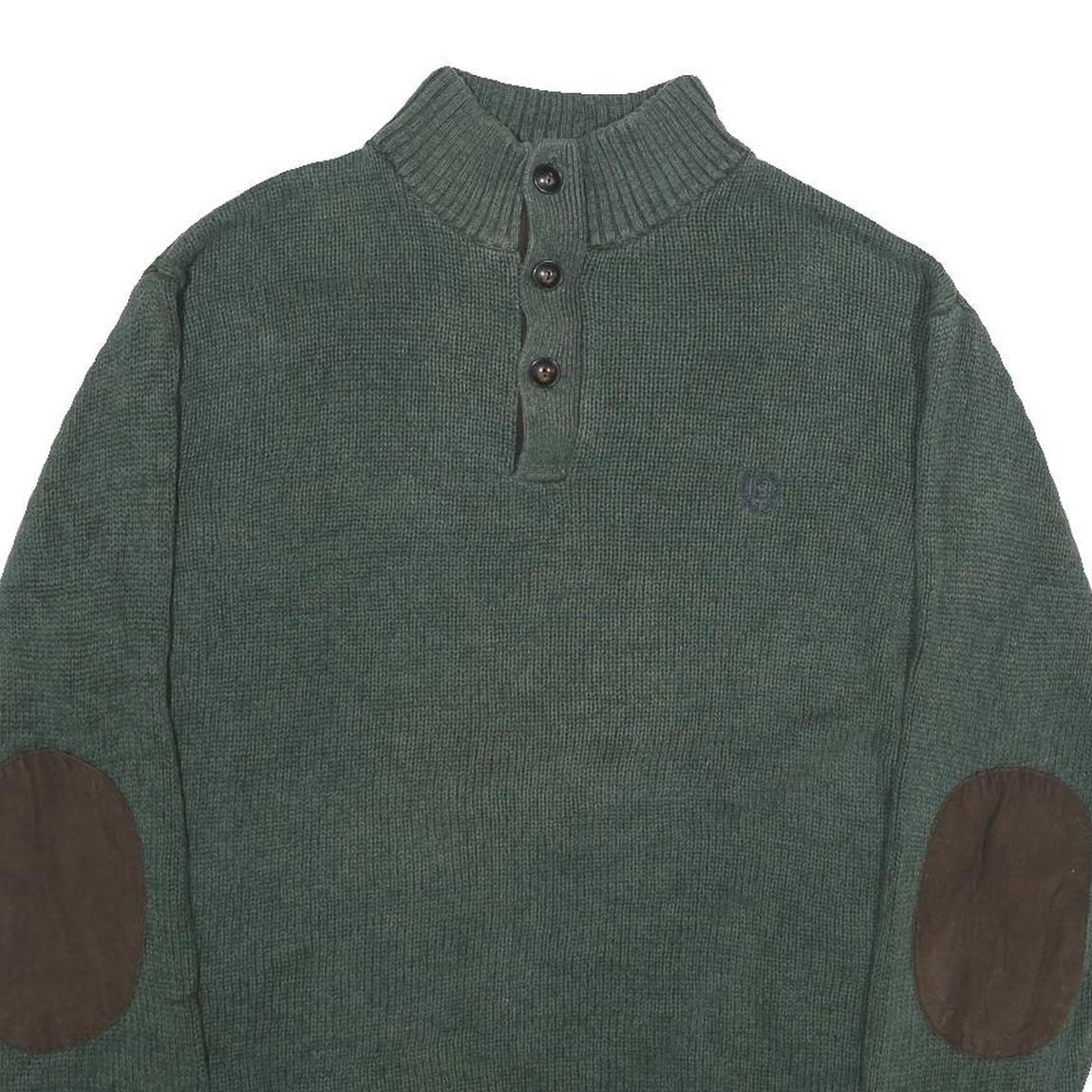 CHAPS Mens Green Jumper Cotton Pullover Button Neck Rib Knit L Elbow Patch