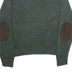 CHAPS Mens Green Jumper Cotton Pullover Button Neck Rib Knit L Elbow Patch