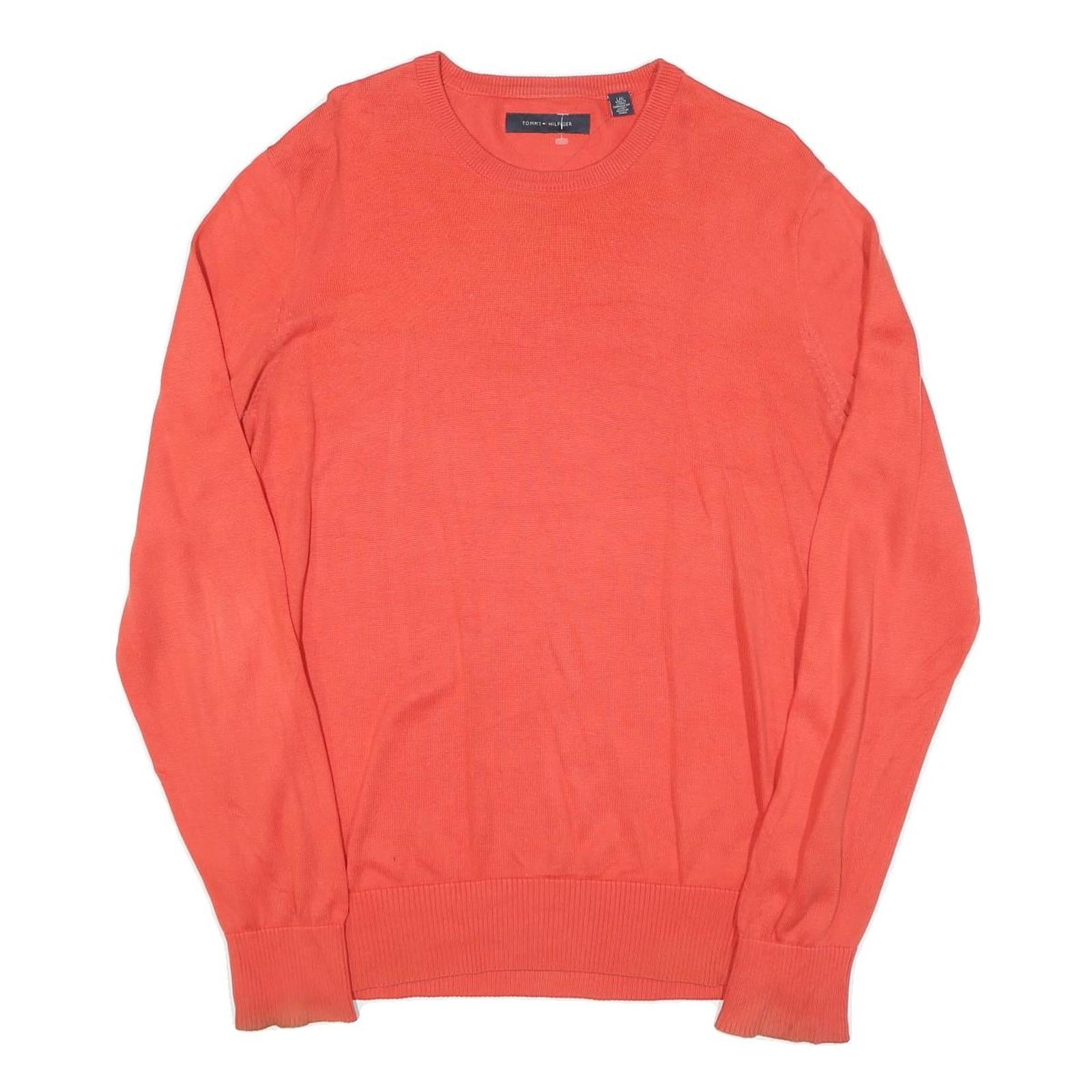 TOMMY HILFIGER Mens Red Plain Crew Neck Basic Knit Jumper L Cotton Blend