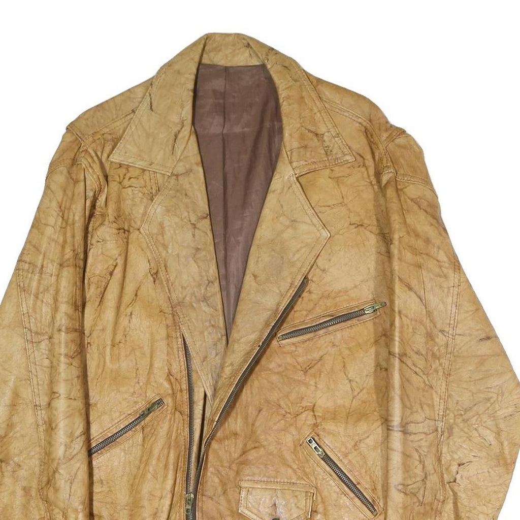 Mens Beige Faux Leather Jacket L Plain Zip Closure Classic Fit Biker Style