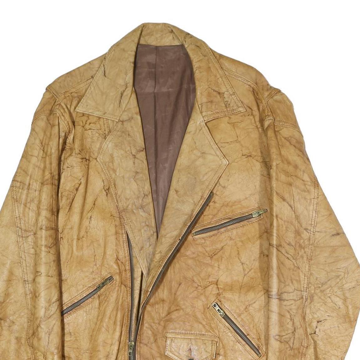 Mens Beige Faux Leather Jacket L Plain Zip Closure Classic Fit Biker Style