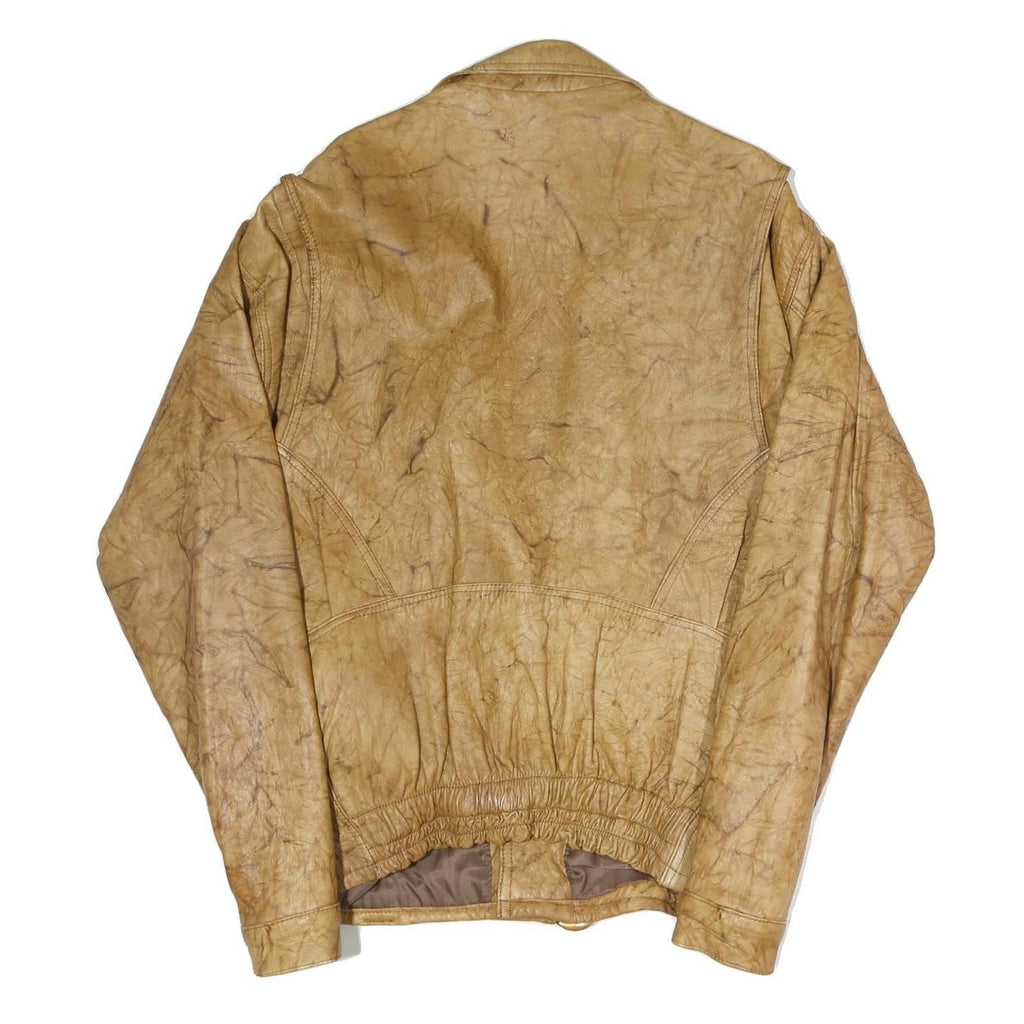 Mens Beige Faux Leather Jacket L Plain Zip Closure Classic Fit Biker Style