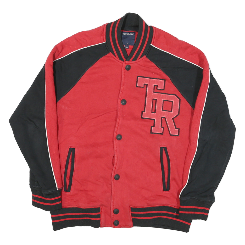 TRUE RELIGION Mens Red & Black Varsity Jacket M Cotton Blend Button Bomber Zip