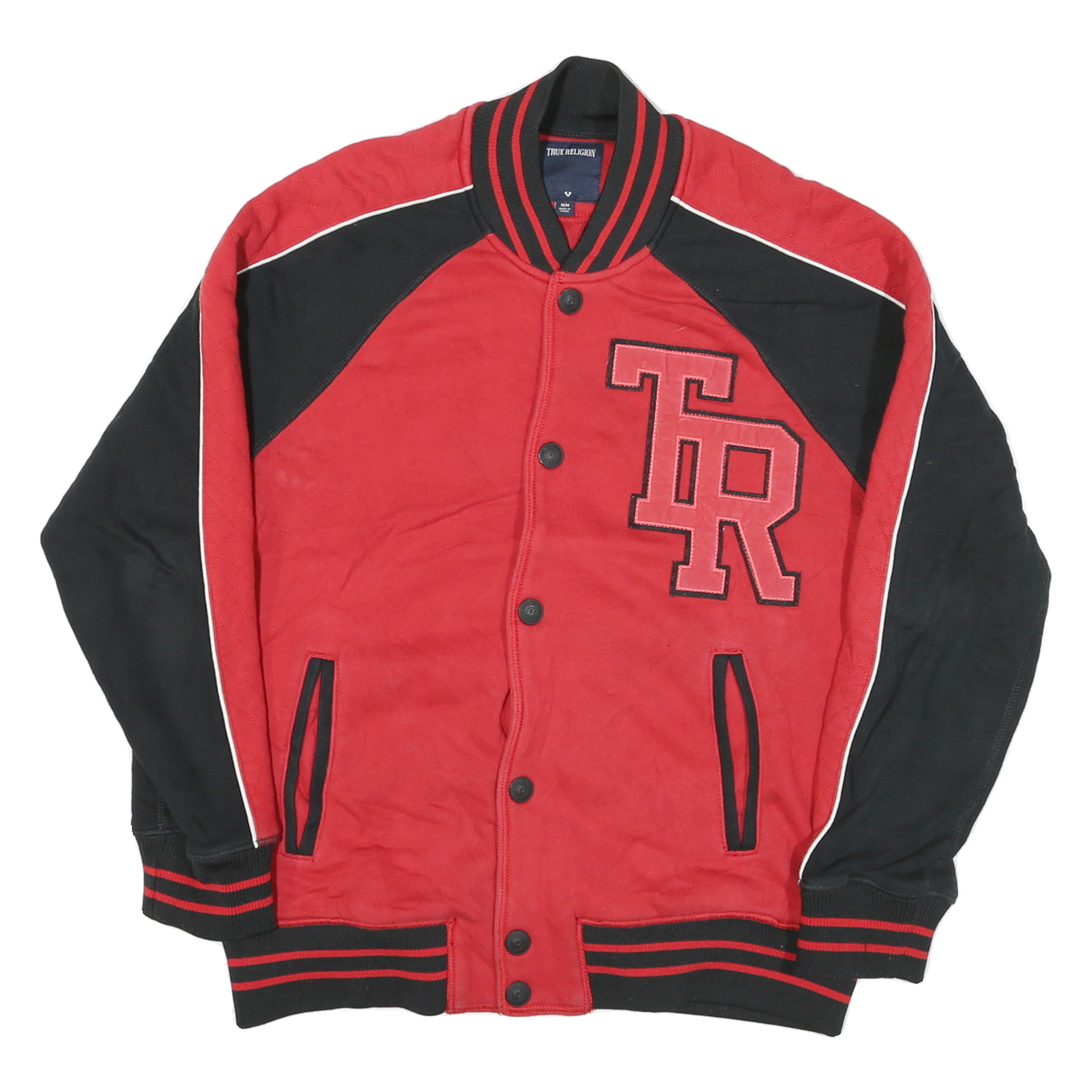 TRUE RELIGION Mens Red & Black Varsity Jacket M Cotton Blend Button Bomber Zip