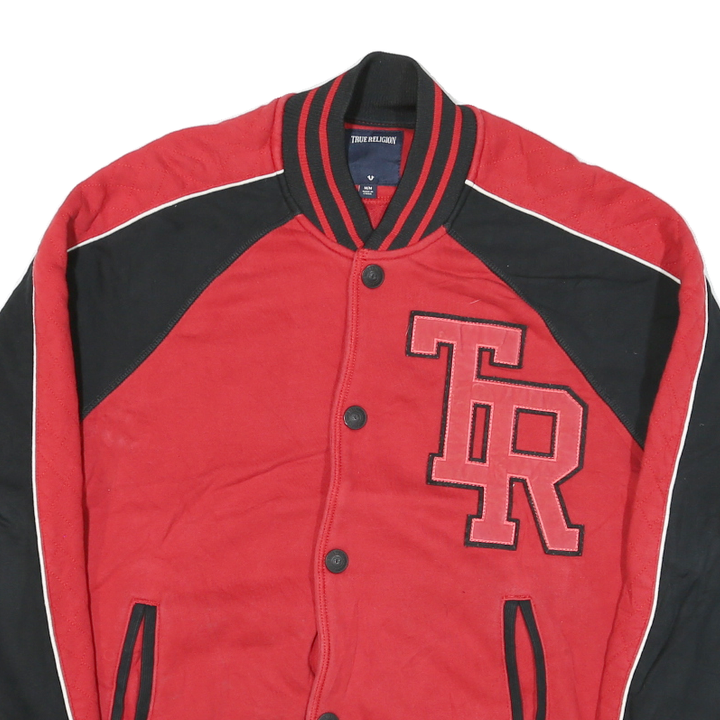 TRUE RELIGION Mens Red & Black Varsity Jacket M Cotton Blend Button Bomber Zip