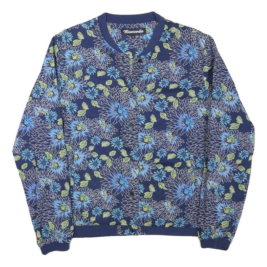 MISERICORDIA Womens Blue Floral Cotton Blend Jacket M Button Closure Bomber