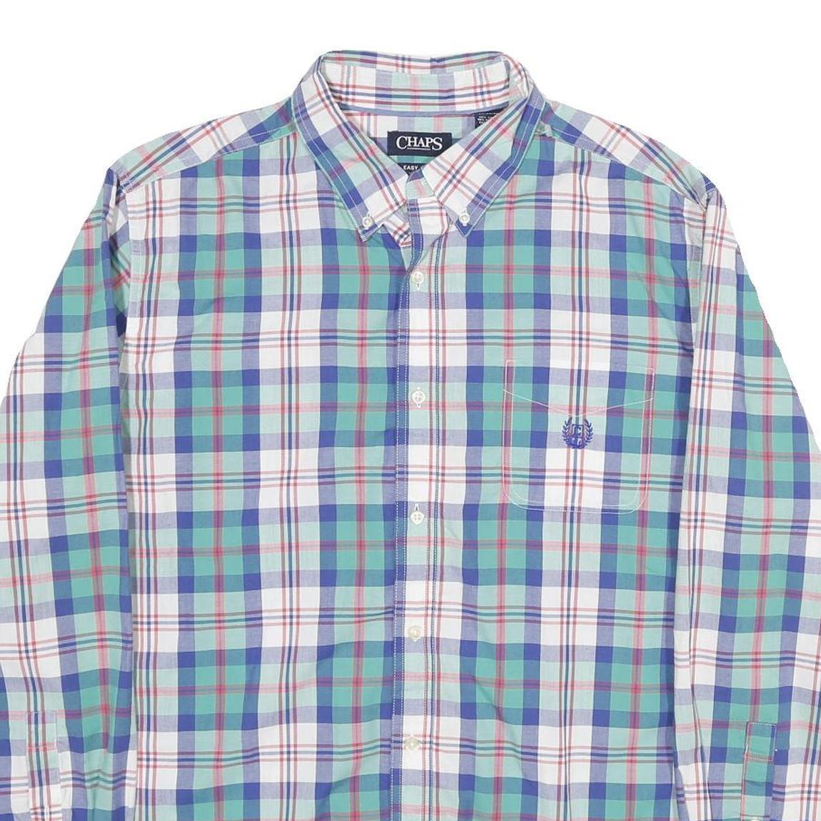 CHAPS Mens Blue Green Check Shirt XL Casual Cotton Button Down Long Sleeve