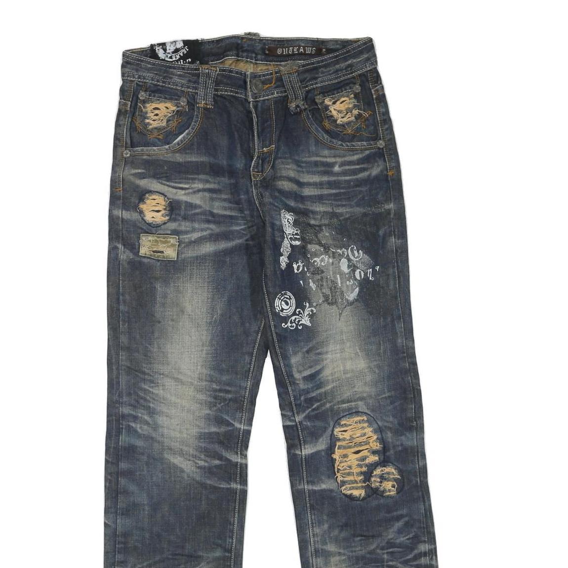 Mens Blue Regular Fit Denim Jeans W30 L32 Distressed Ripped Cotton Blend Zip