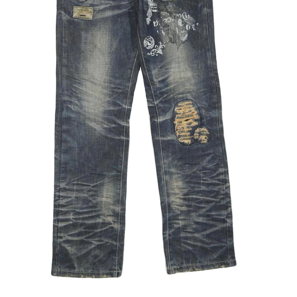 Mens Blue Regular Fit Denim Jeans W30 L32 Distressed Ripped Cotton Blend Zip