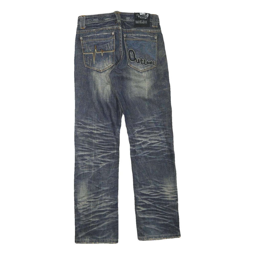 Mens Blue Regular Fit Denim Jeans W30 L32 Distressed Ripped Cotton Blend Zip