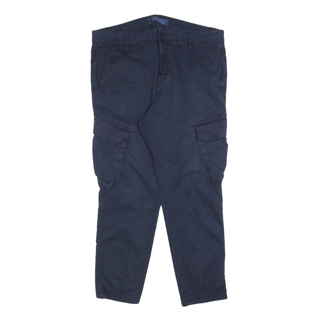 ZARA MAN Mens Cotton Blend Navy Blue Regular Cargo Trousers W36 L28 Zip Pocket
