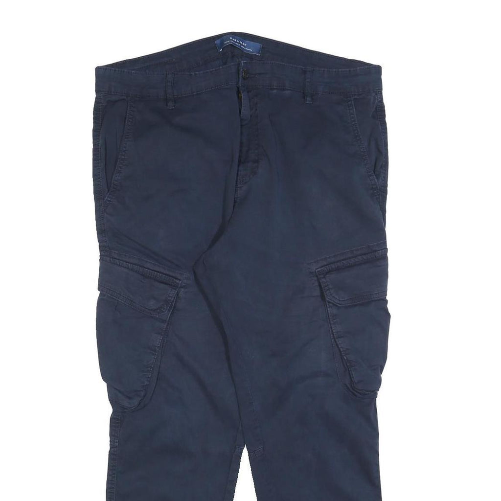 ZARA MAN Mens Cotton Blend Navy Blue Regular Cargo Trousers W36 L28 Zip Pocket