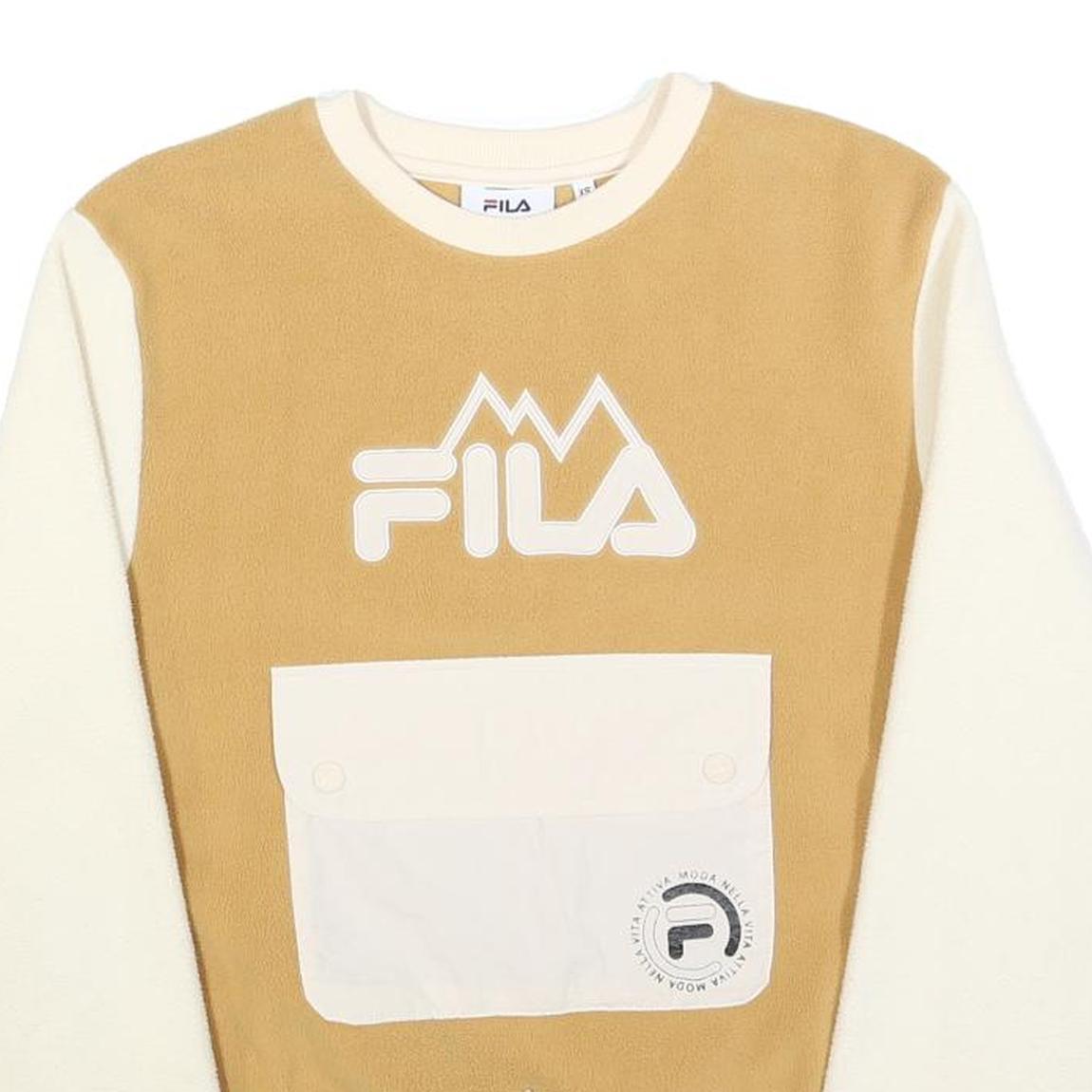 FILA Womens Beige & Cream Logo Crew Neck S Sweatshirt Pocket Drawstring Waist