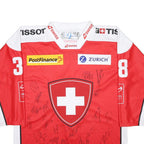 OCHSNER HOCKEY Mens Red & White Swiss Hockey Graphic T-Shirt L Long Sleeve Crew