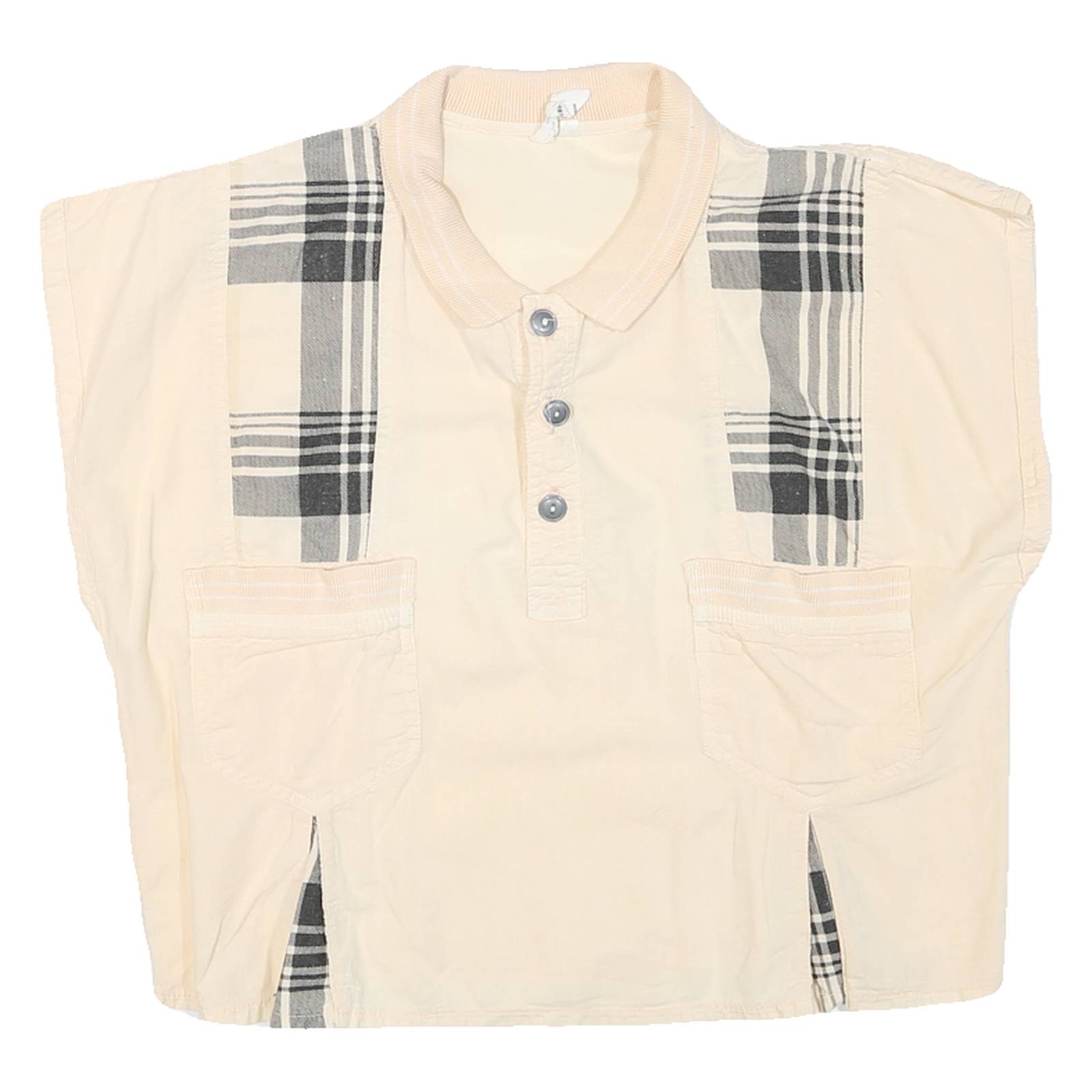 Womens Cream Black Check Basic Top Sleeveless Button Collar L Cotton Blend