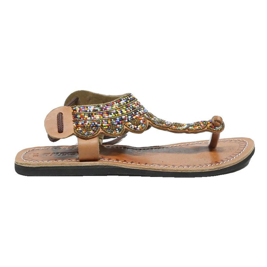 ALEX'S Womens Embellished Leather Strappy Sandals UK 3 Beaded Detail Brown Flat