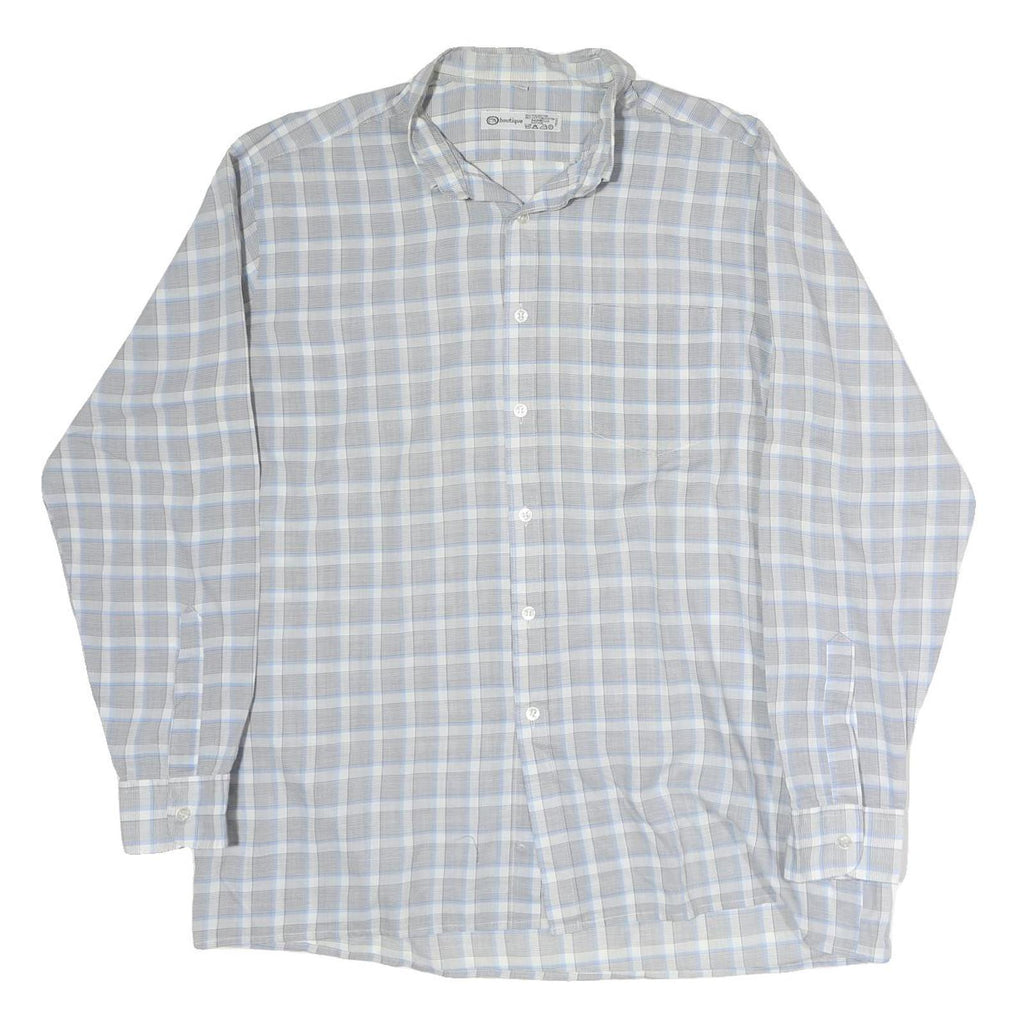 C&A Mens Grey & Blue Check Shirt L Cutaway Collar Button Cotton Casual