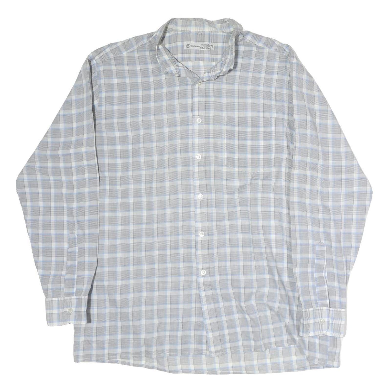 C&A Mens Grey & Blue Check Shirt L Cutaway Collar Button Cotton Casual