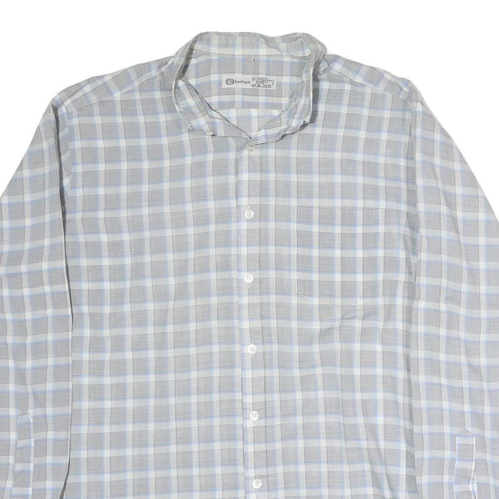 C&A Mens Grey & Blue Check Shirt L Cutaway Collar Button Cotton Casual