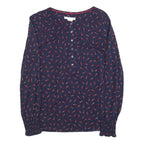 BODEN Womens Navy & Red Printed Blouse Long Sleeve Round Neck UK 6 Cotton Blend
