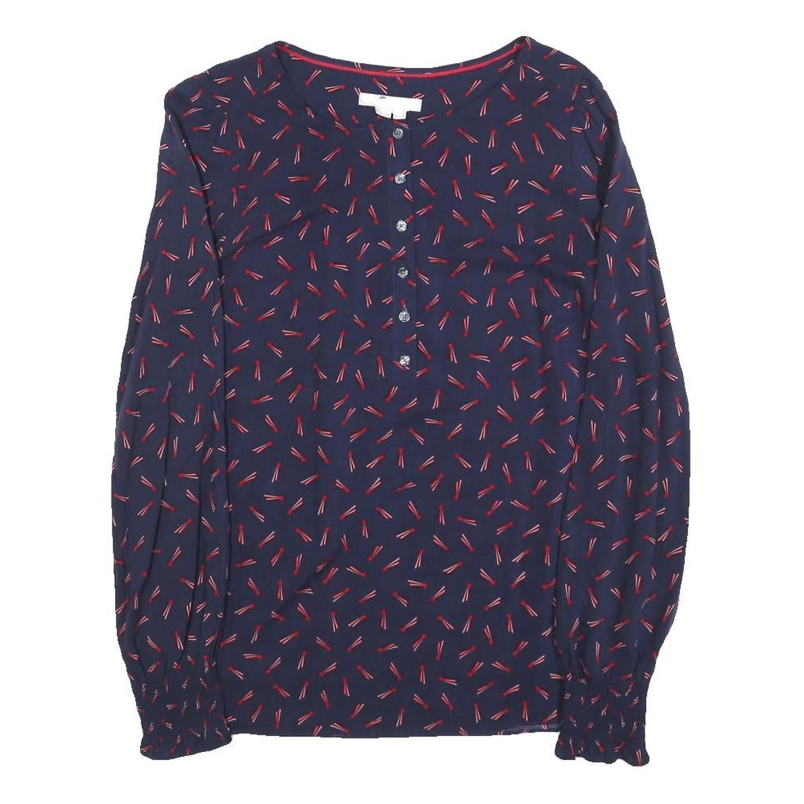 BODEN Womens Navy & Red Printed Blouse Long Sleeve Round Neck UK 6 Cotton Blend