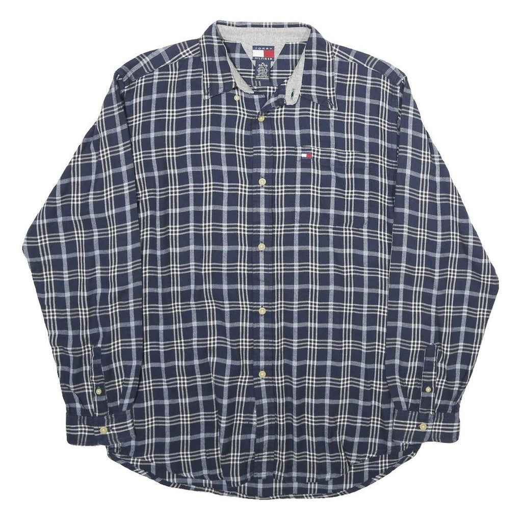 TOMMY HILFIGER Mens Blue & White Check Shirt XL Long Sleeve Cotton Casual