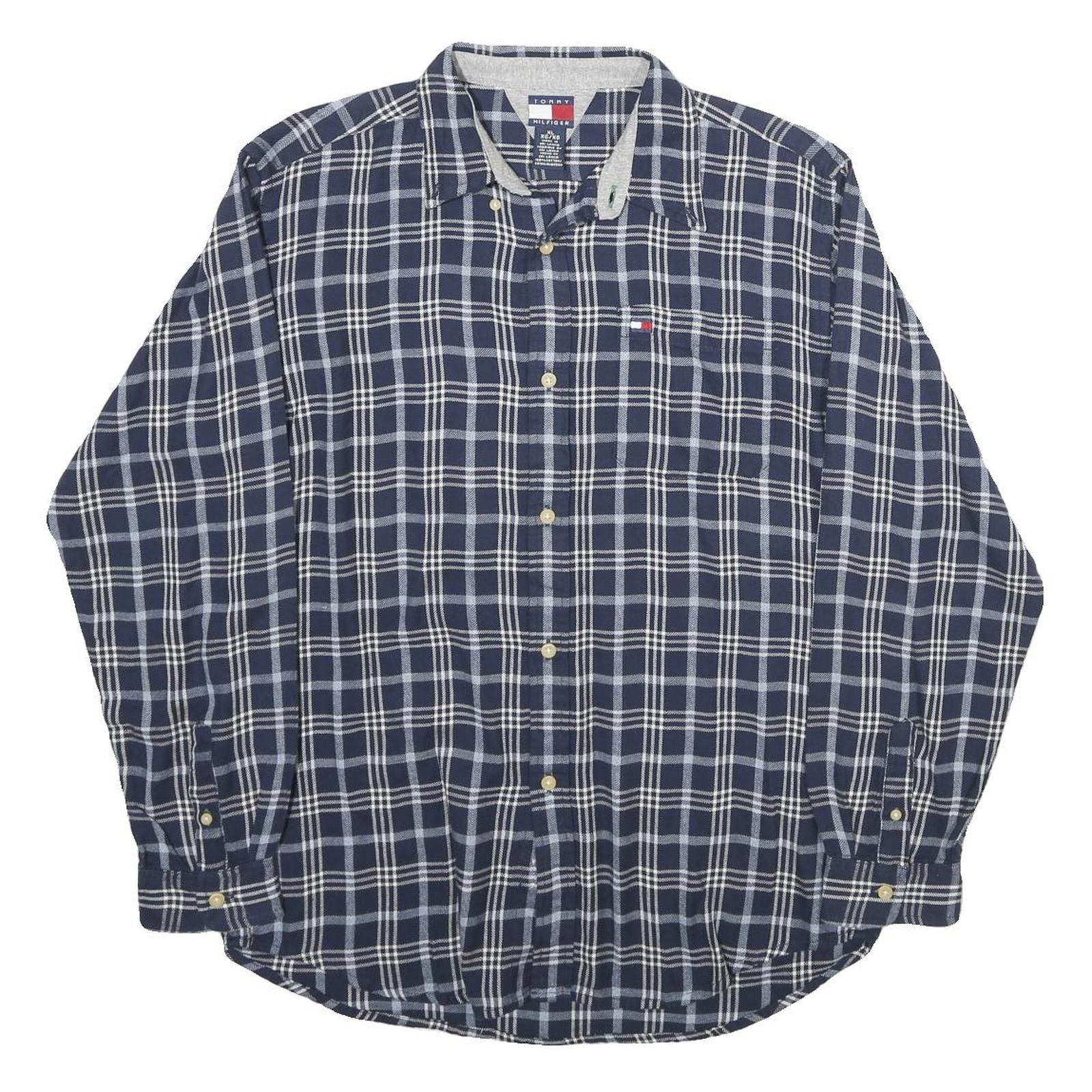 TOMMY HILFIGER Mens Blue & White Check Shirt XL Long Sleeve Cotton Casual