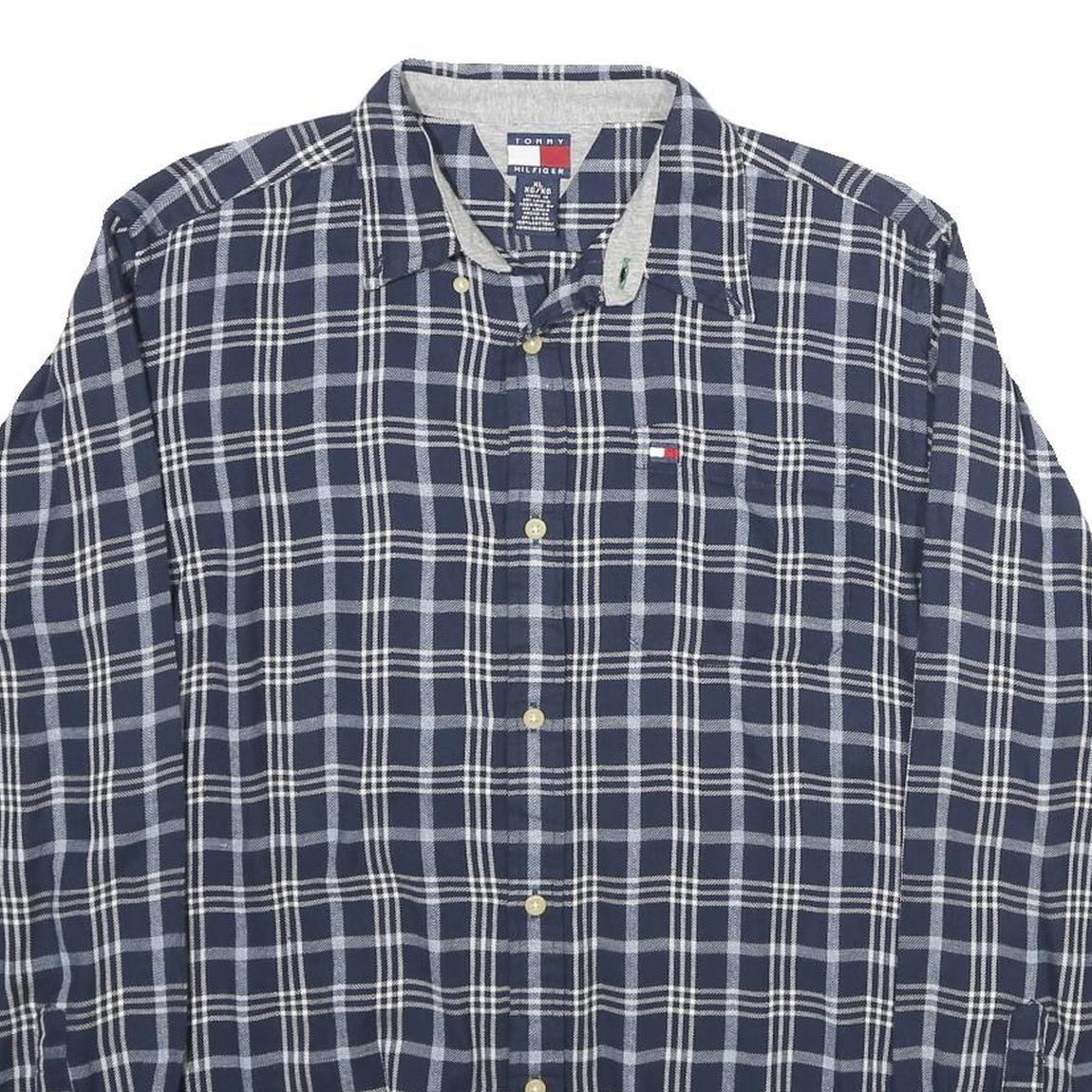 TOMMY HILFIGER Mens Blue & White Check Shirt XL Long Sleeve Cotton Casual