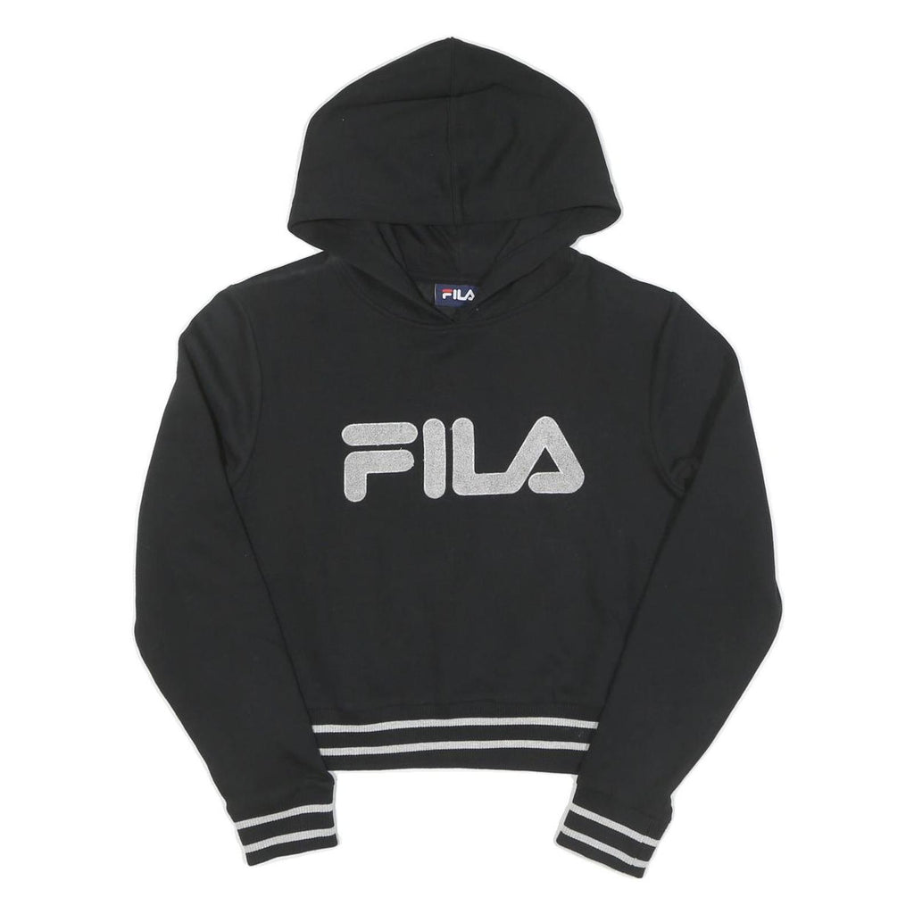 FILA Womens Black Hoodie S Cotton Pullover Stripe Ribbed Cuffs Cropped