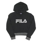 FILA Womens Black Hoodie S Cotton Pullover Stripe Ribbed Cuffs Cropped