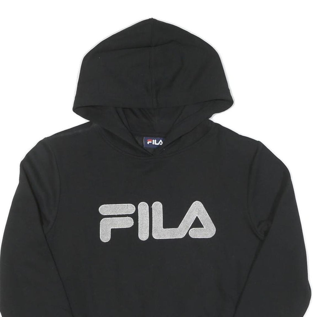 FILA Womens Black Hoodie S Cotton Pullover Stripe Ribbed Cuffs Cropped