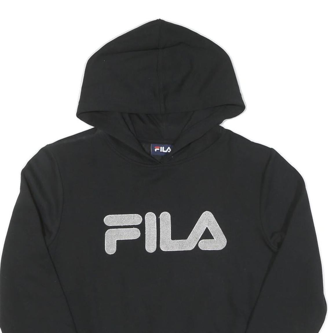 FILA Womens Black Hoodie S Cotton Pullover Stripe Ribbed Cuffs Cropped
