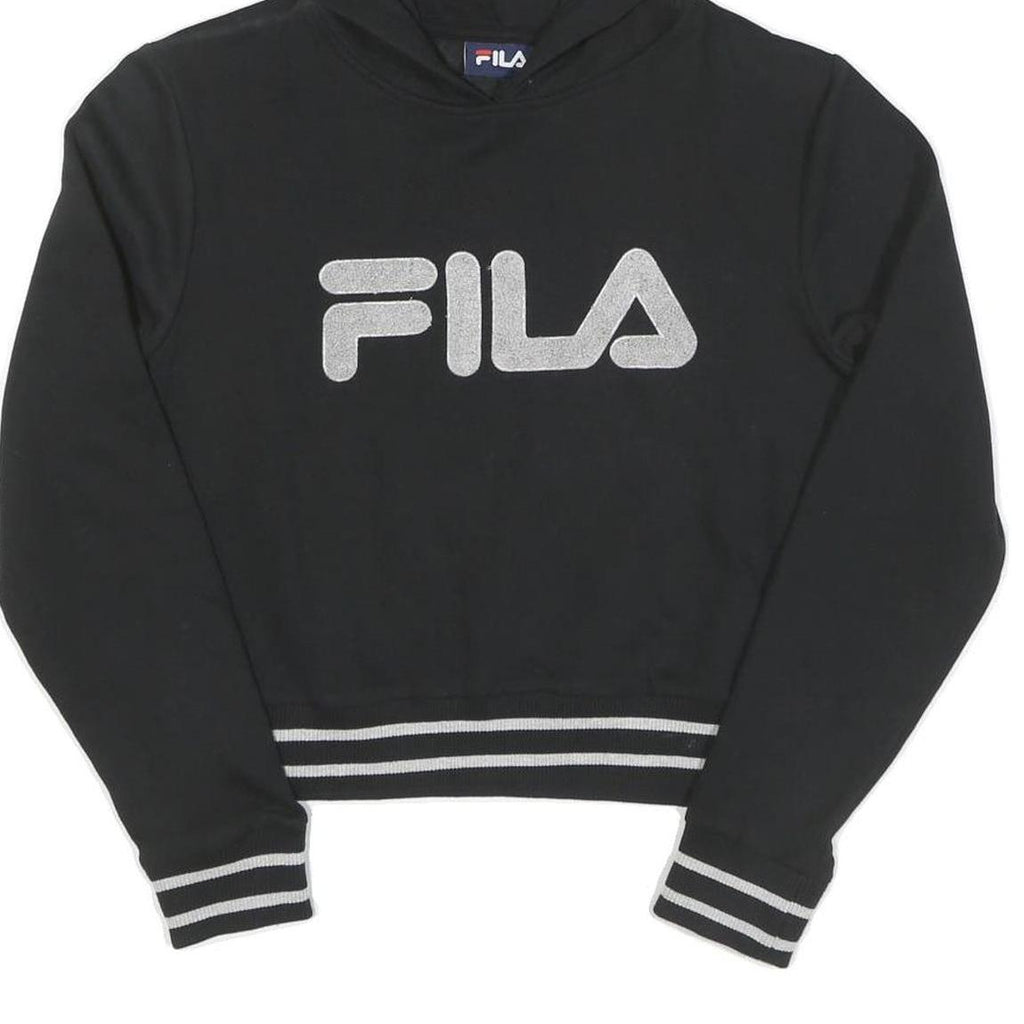 FILA Womens Black Hoodie S Cotton Pullover Stripe Ribbed Cuffs Cropped