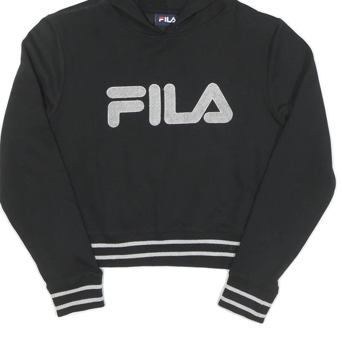 FILA Womens Black Hoodie S Cotton Pullover Stripe Ribbed Cuffs Cropped