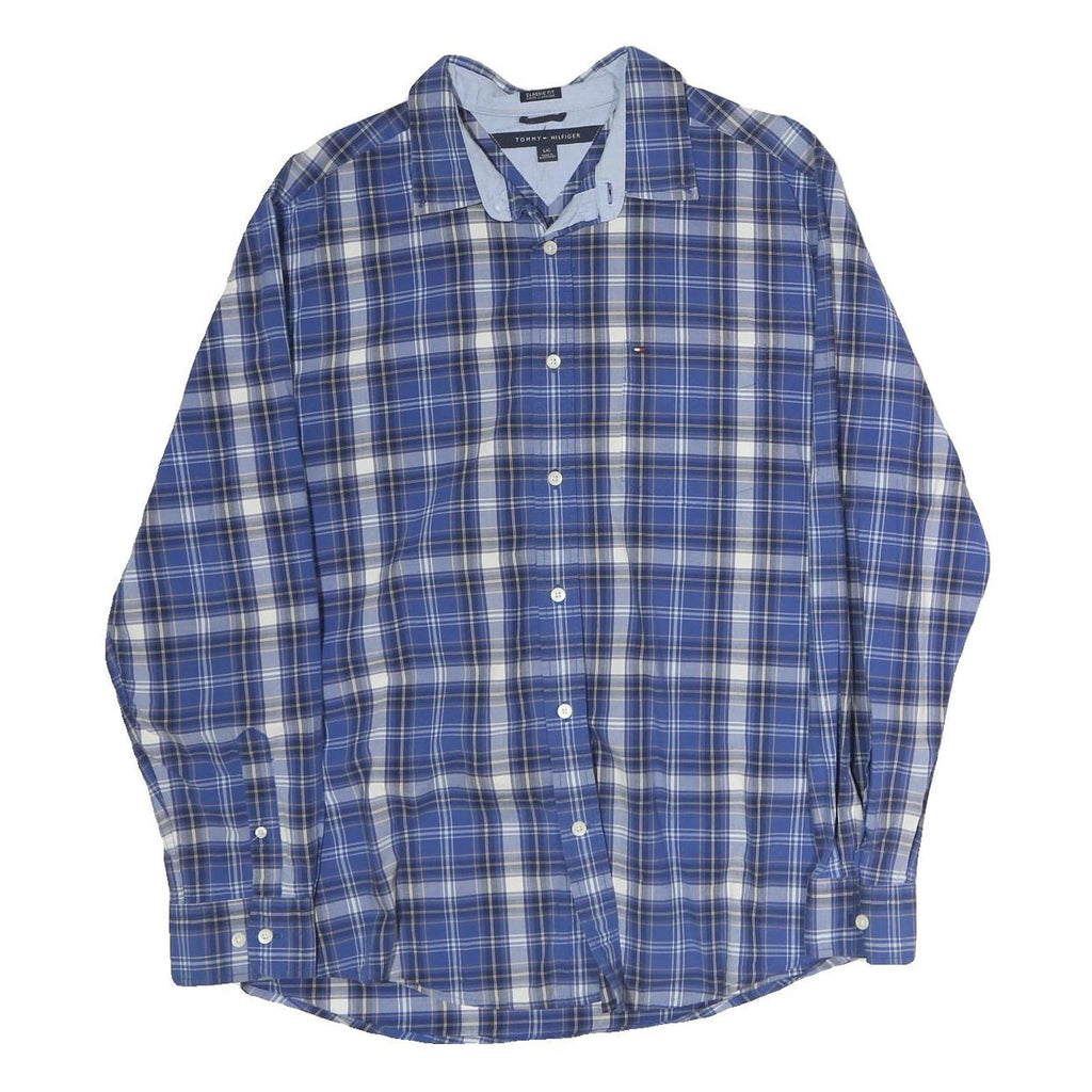 TOMMY HILFIGER Mens Blue Plaid Shirt L Classic Fit Button Up Long Sleeve
