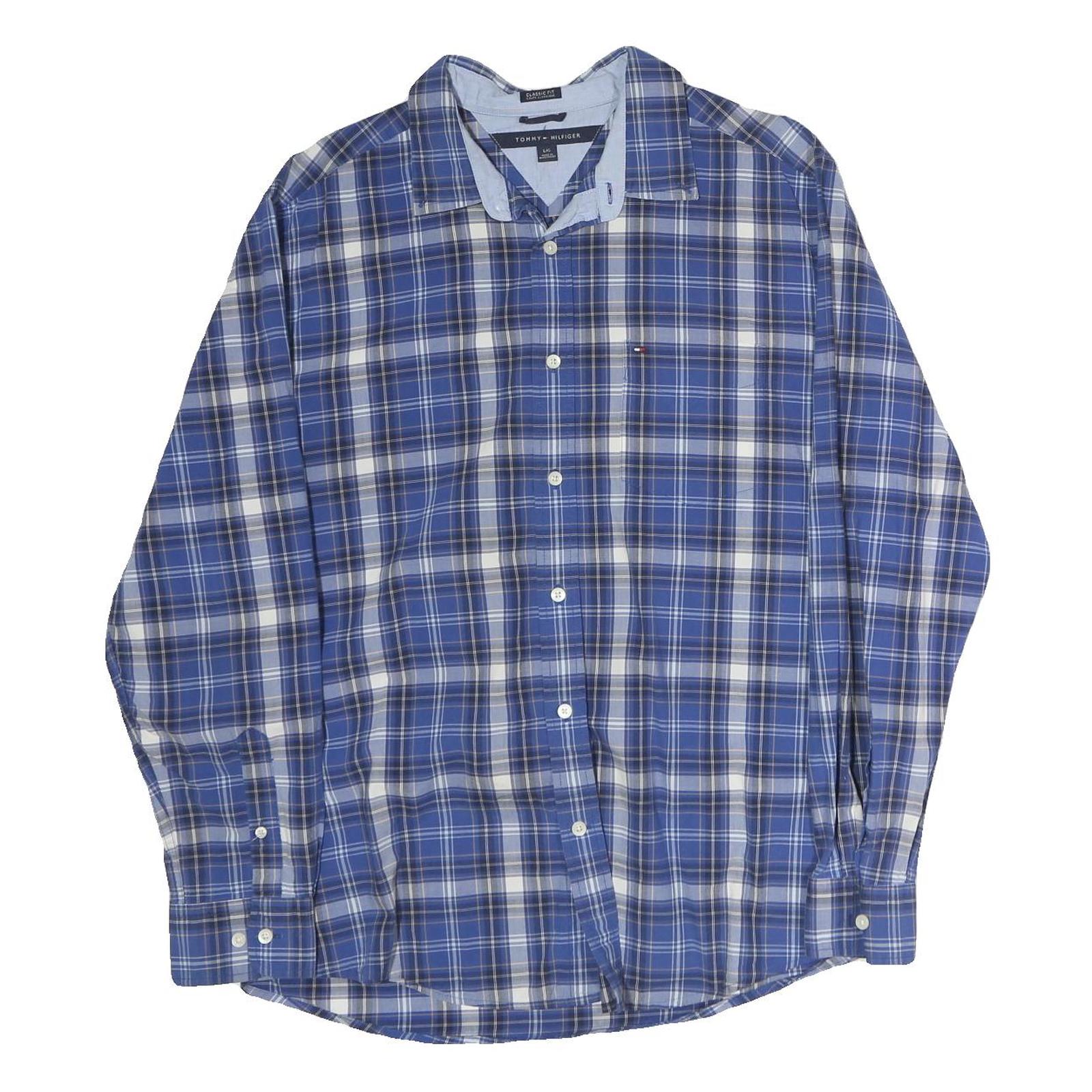 TOMMY HILFIGER Mens Blue Plaid Shirt L Classic Fit Button Up Long Sleeve