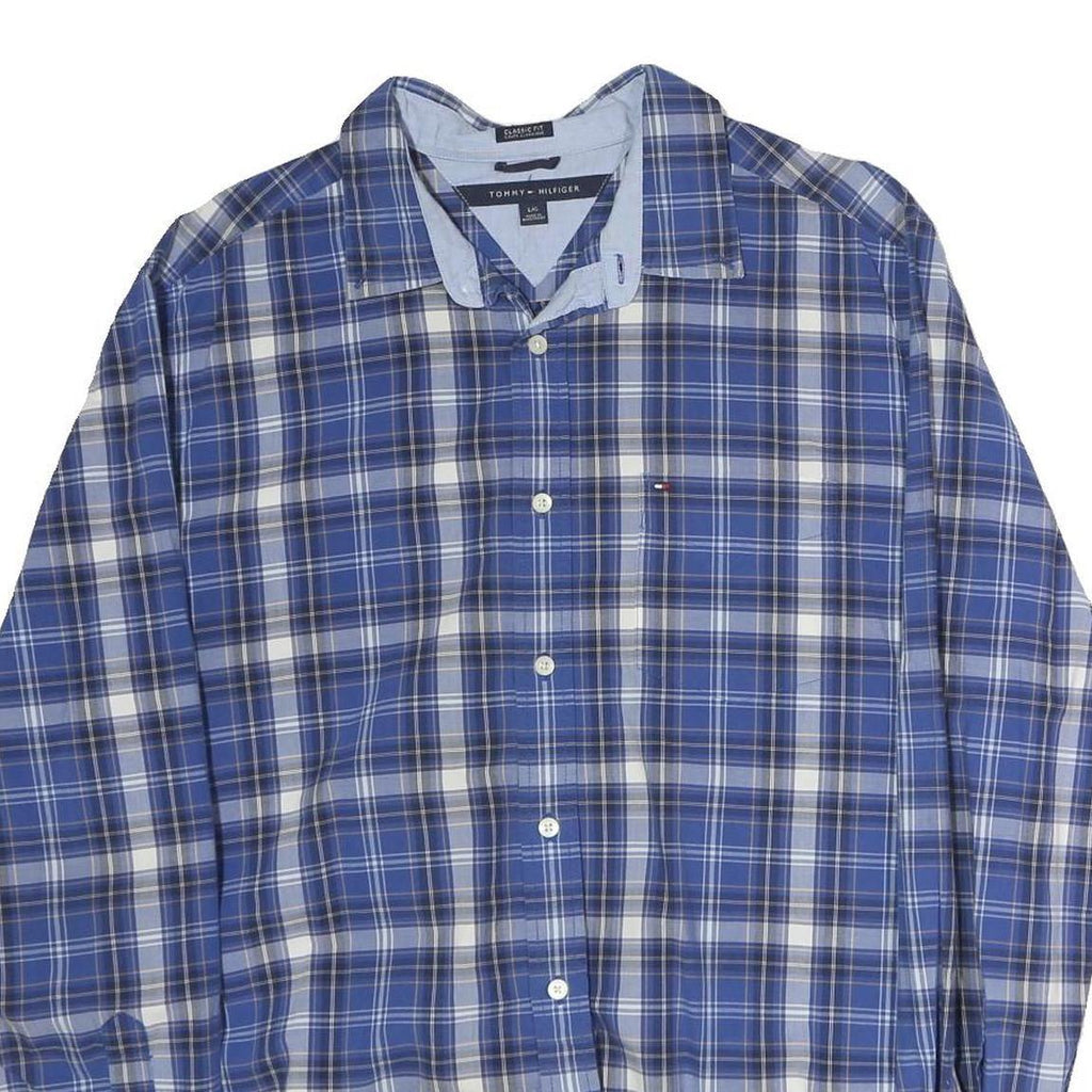 TOMMY HILFIGER Mens Blue Plaid Shirt L Classic Fit Button Up Long Sleeve