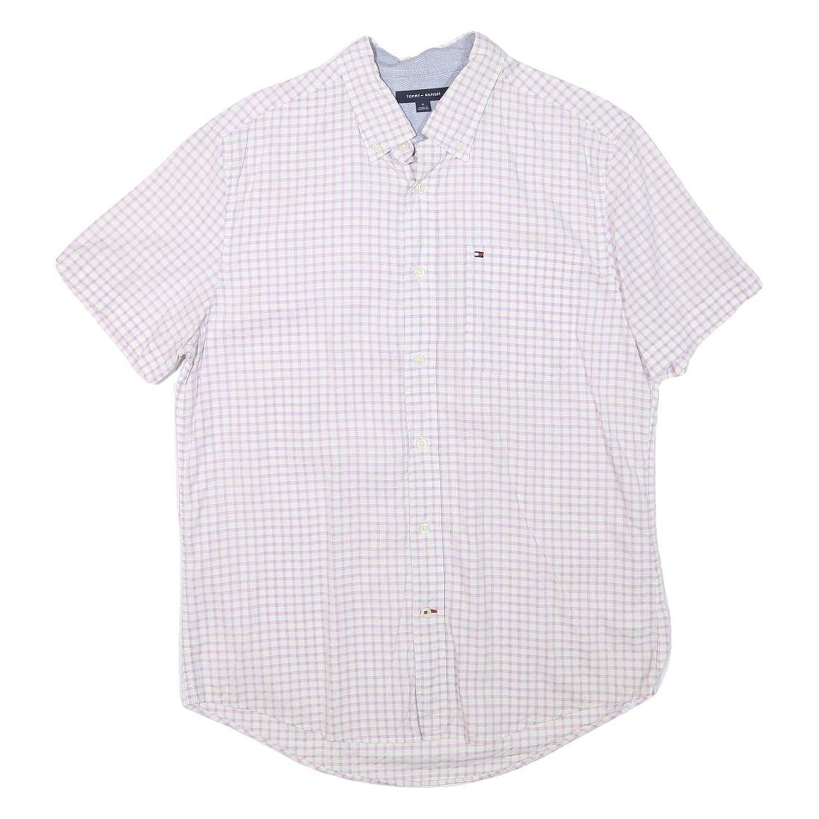 TOMMY HILFIGER Mens White & Pink Checked Shirt M Short Sleeve Button Down Cotton