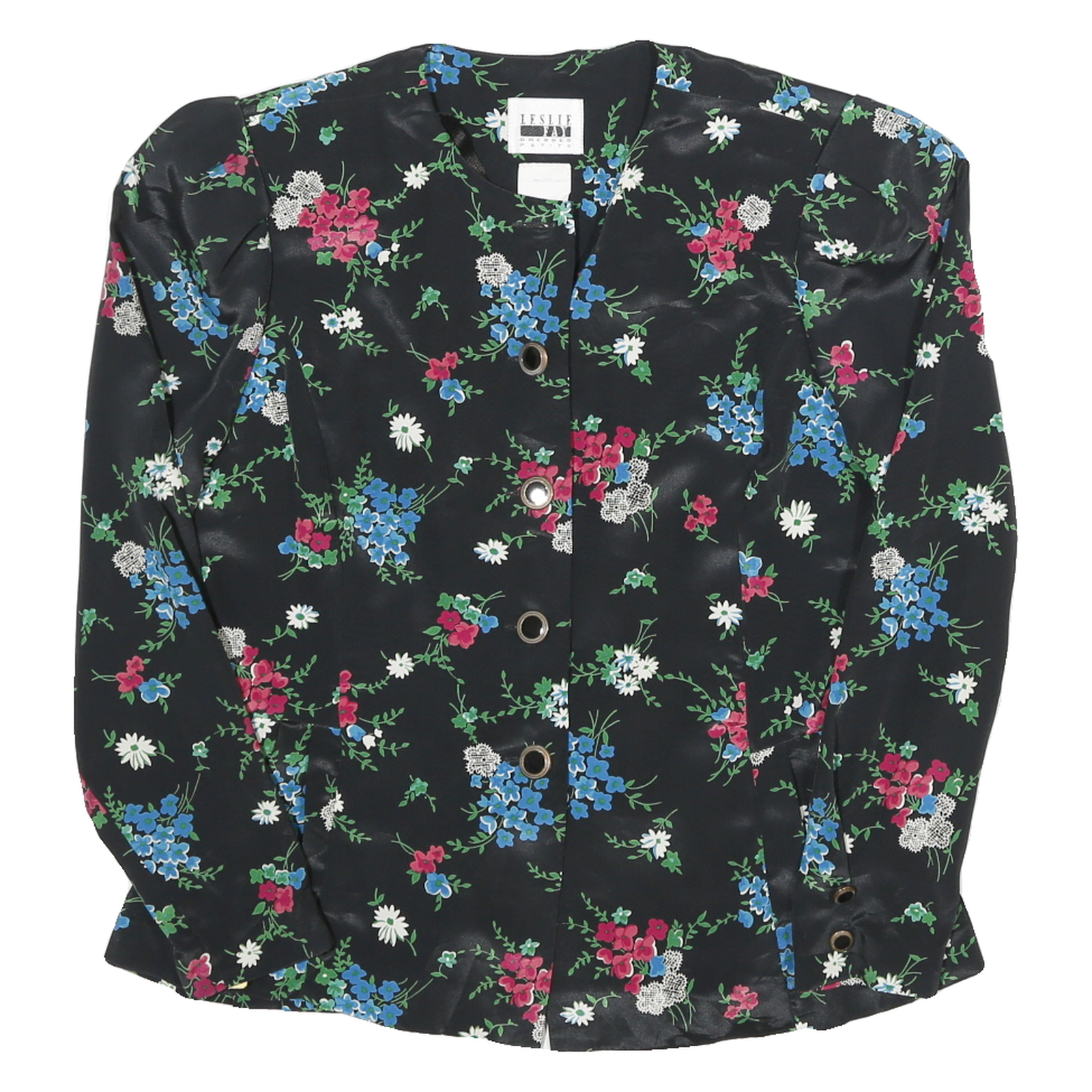 LESLIE FAY Womens Black Floral Printed Long Sleeve Round Neck Top S Elegant