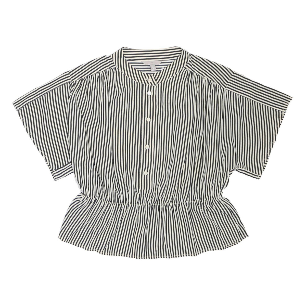 H&M Womens Black & White Striped Shirt Short Sleeve Button Neck L Relaxed Fit