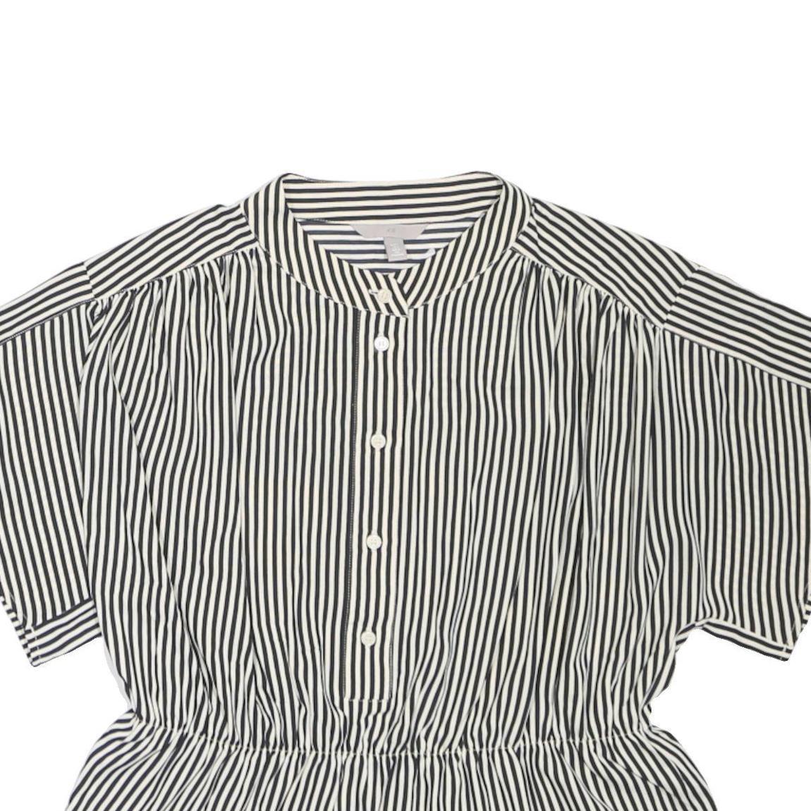 H&M Womens Black & White Striped Shirt Short Sleeve Button Neck L Relaxed Fit