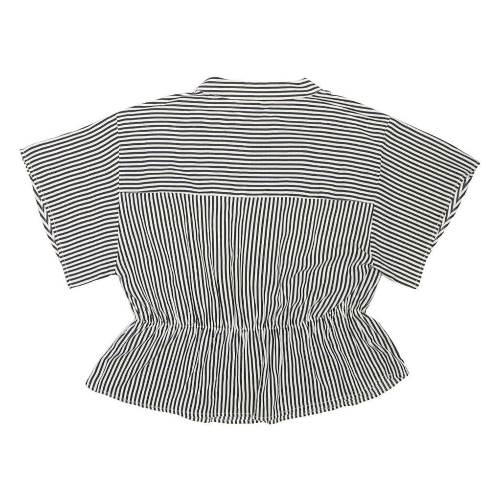 H&M Womens Black & White Striped Shirt Short Sleeve Button Neck L Relaxed Fit